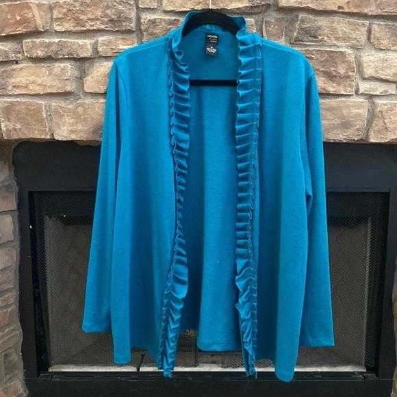Rafaella Studio Woman bluish cardigan with cascading ruffles. Size 2X - Picture 1 of 7